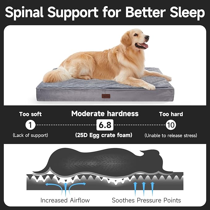 OhGeni Orthopedic Waterproof & Machine Washable Dog Bed for Large Pets, Suitable for Crates, 25D Egg Crate Foam, Non-Slip Bottom & Removable Cover, Flannel Fabric, 41 Inches(Gray)