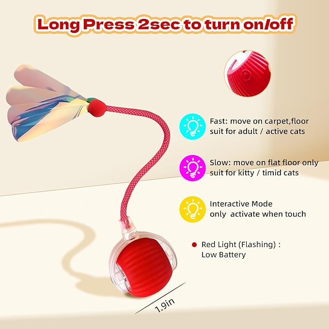 2-Pack Interactive Cat Toys Ball - 2025 New Gen with Smart Obstacle Avoidance & Auto Wake-Up,Includes 4 Speedy Tail 2.0 Ropes, Ideal Kitten Toys for Bored Indoor Cats (Red & Green)