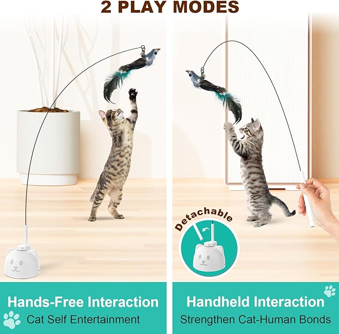 Cat Toys Feather Wand Enhanced Suction Cup Interactive Cat Toy Auto-Swing Cat Wand Toy with 3PCS Replacement Teaser Refills with Bell Bird/Ribbon/Worm