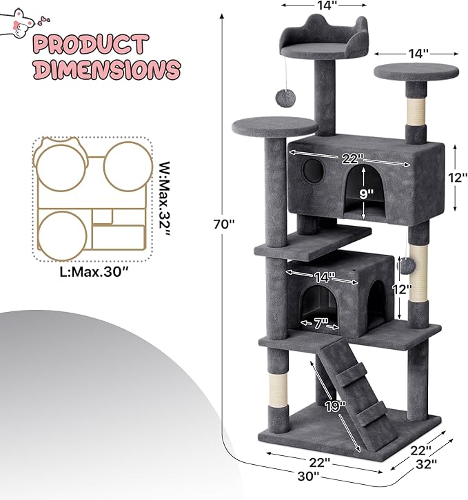 MoNiBloom 70 Inch Cat Tree Tower for Indoor Cats Large Adults, Tall Cat Tower with Scratching Post, Multi-Level Furniture Activity Center with Cat Condo Pet Play House, Smoky Grey