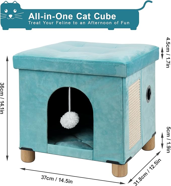BRIAN & DANY Cat House for Indoor Cats, Cat Cave Bed for Pet, Cat Cube with Cat Scratch Board & Cat Ball, 14.7" x 14.1” x 12.7”, Green