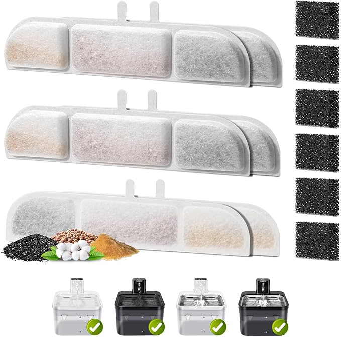 6 Pack Replacement Filters for 84oz/2.5L Fursink Pet Water Fountain, ZEKIRY Cat Water Fountain Filters, Triple Filtration Pet Fountain Filter Replacement(6 Filters & 6 Sponges)