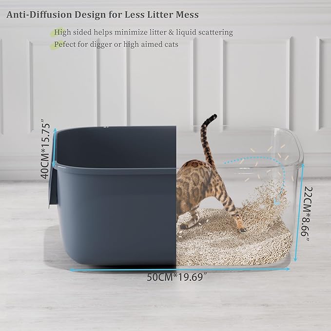 Vealind Large Cat Litter Box High Sided and Side Entry Cat Litter Pan 50 x 40 x 22 CM, Anti-Splashing Deep Tall Cat Boxes for Indoor Cats Basics Kitty Litter Box (Grey)
