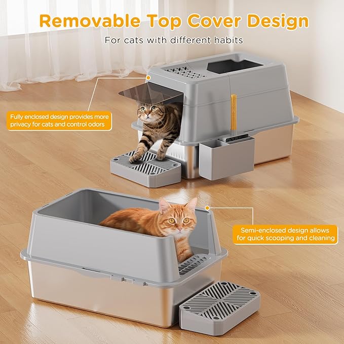 Stainless Steel Litter Box with Lid, XL Closed Metal Litter Box Modular Design with Flip Lid Fits All Cats, Extra Large Covered High Sided Cat Box, Scoop, Non-Sticky, Easy Cleaning, Grey