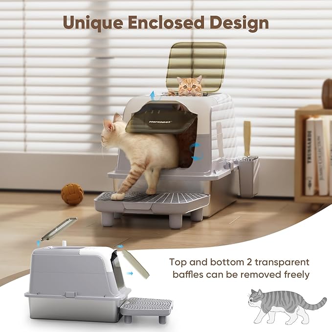 Stainless Steel Litter Box with Lid,XXL Extra Large Enclosed Metal Litter Box for Big Cat, Removable Front Entry Top Exit Kitty, with High Sided Enclosure & Scoop, Footboard(Grey)