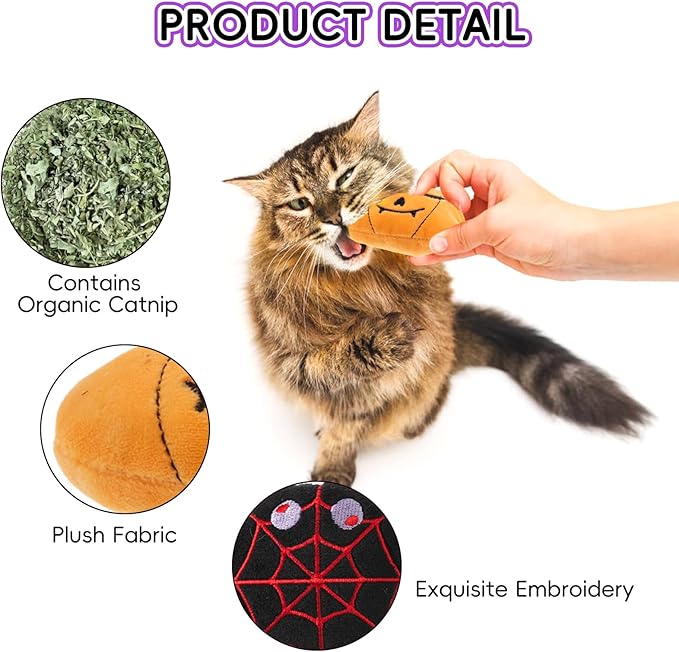 6pcs Halloween Catnip Toy,Indoor Pumpkin Ghost Shaped Cat Toy Plush Interactive Chew Bite Toys for Cat Kitten Indoor Festive Holiday Cat Lover Gift