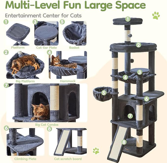Taoqimiao 72 Inches Cat Tree for Large Cats, Multi-Level Tall Cat Tower, Widened Cat Condo with Large Scratch Board, 5 Scratching Posts, Metal Hammcock, Cozy Basket, Smoky Gray, MS045G