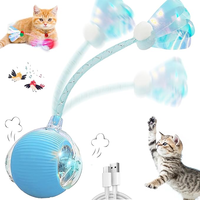 Interactive Cat Toys for Indoor Cats, Automatic Cat Toy with Elastic Mesh Tail, Electric Rolling Ball on Carpet, Chirping and Motion Activate Cat (Blue)