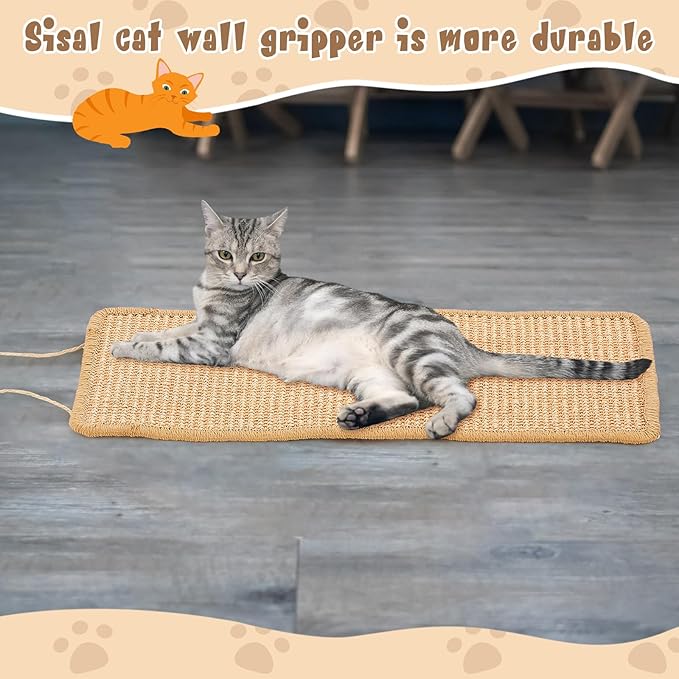 2 Pack Sisal Door Cat Scratching Mat Double Use Hanging Scratcher Wall Floor Mount Natural Cat Scratch Mat Kitty Scratching Pad for Indoor Kitten with Hemp Rope, 7.87 x 19.69(Brown)