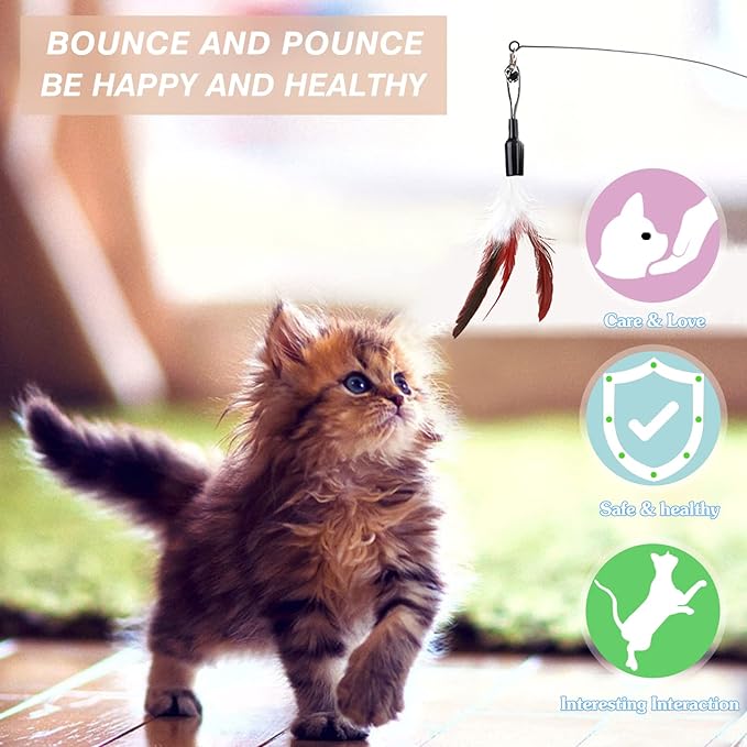 Pawaboo Feather Teaser Cat Toy - Interactive Wand with Extra Long 34.5" Wand and Small Bell, Exerciser Playing Toy for Kittens or Cats, Wine Red & White Feather