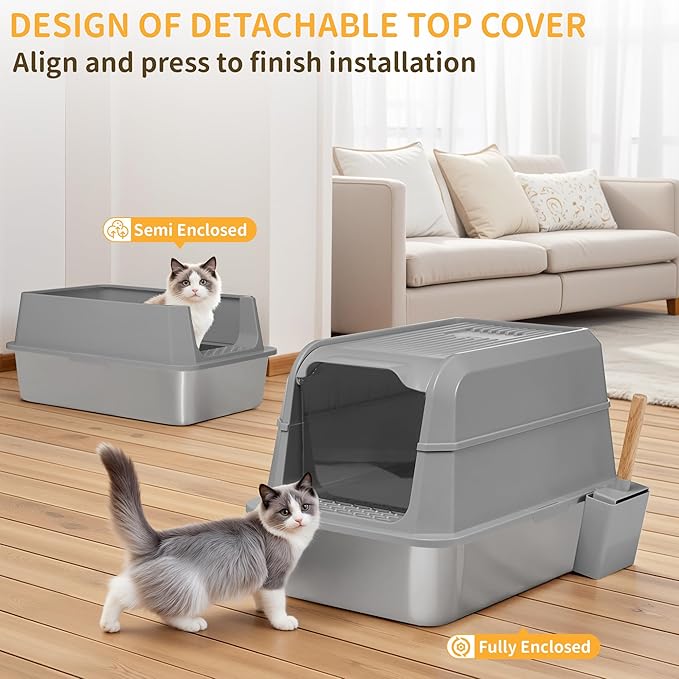 Stainless Steel Litter Box with Lid, XL Extra Large Cat Litter Box, Enclosed Metal Litter Pan with High Sided Enclosure & Scoop, Anti Leakage, Easy to Clean, Odor Control(Grey)