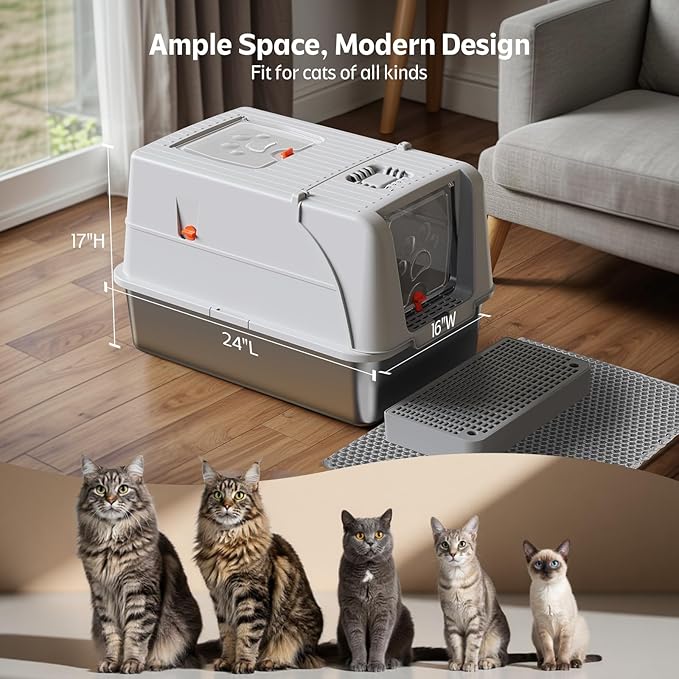 2 Pack Stainless Steel Cat Litter Box, Semi-Enclosed + Fully Enclosed Non-Odor Litter Box with Litter Scoop and Litter Mat (Non-Sticky, Easy to Clean, Anti-Urine Leakage)