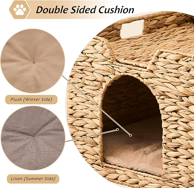 Cat Houses for Indoor Cats, Handwoven Cat Cave Pet Cube, Natural Pet Cat House, Cat Beds with Double-Sided Mat, Cat Condo Hideaway in Living Room Bedroom