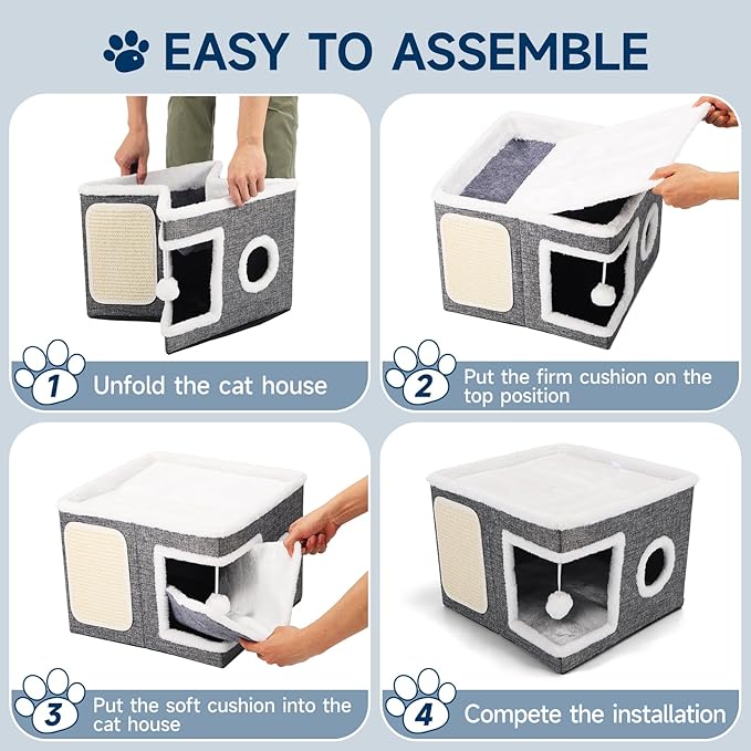 Cat Beds for Indoor Cats, Large Cat Cave with Cozy Condo, Fluffy Hanging Ball, Round Window, Foldable Indoor Cat House Hold Up to 30LBS, Cat Hideaway with Double-Sided Soft Cushions for All Seasons