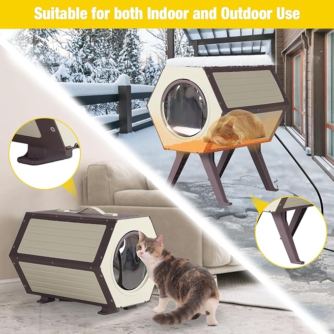 Heated Cat House for Outdoor Winter,Combined Cat Condo with Adjustable Temperature and Time, Insulated Outdoor or Indoor Cat Shelter for Feral with Escape Door (White and Brown, 1 Set)