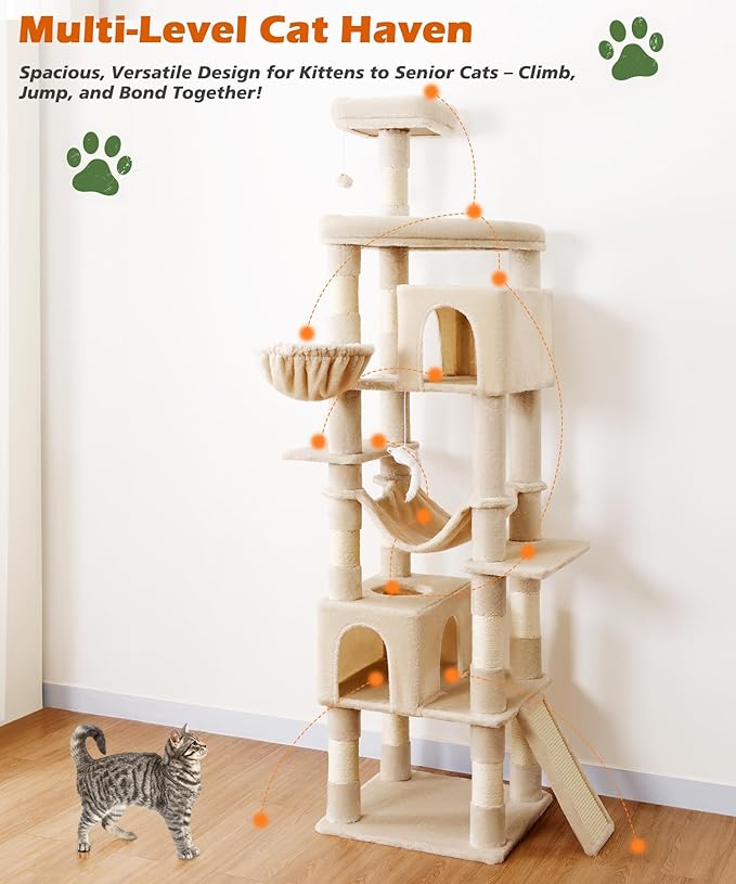 AMHANCIBLE Large Cat Tree, 83 Inch Multi-Level Tall Tower for Indoor Adult Cats, with Scratching Post and Board, Hammock, Condos, Hanging Basket, Activity Center to Play and Sleep, Beige, PT21BG