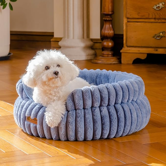 MEWOOFUN Washable Small Dog Bed, Cat Beds for Indoor Cats with Anti-Slip Bottom, Round Pet Bed for Puppy and Kitten (Blue, 24"x24"x9")