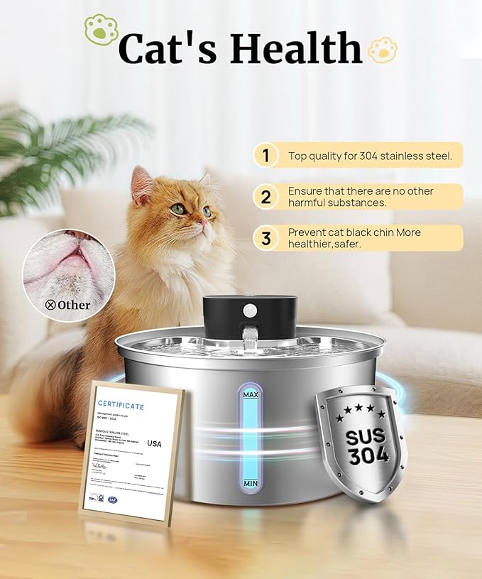 Wireless Cat Water Fountain Stainless Steel, 2025 Upgraded New Sensor - 3 Work Modes, 6000mAh Battery Operated Cat Water Fountain Cordless, Pet Water Dispenser for Cats Dogs Indoor - 108oz/3.2L