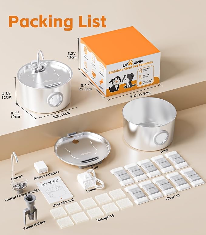 Cat Water Fountain Stainless Steel 108oz/3.2L with 20 Filters Automatic Pet Water Fountain for Cats/Dogs Indoor Ultra Quiet Metal Cat Fountains for Drinking Kitty Watering Supplies for Animals