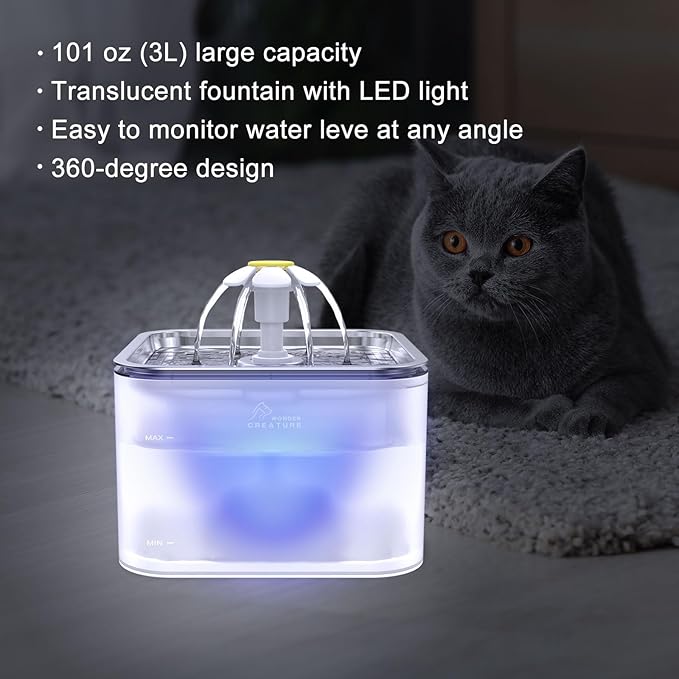 Crystal Cat Water Fountain Stainless Steel with 4 Filters and 4 Sponges, 101oz/3L Pet Fountain with LED Light for Cats and Dogs (Clear)