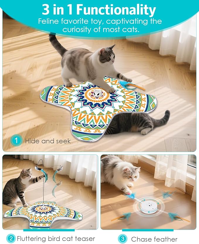 Interactive Cat Toy, Rechargeable Cat Toys for Indoor Cats, Automatic Cats Chasing Toy, Hide & Seek, 2 Modes, Self-Holding Suction Base, 3-in-1 Feather Toys with 1 Teaser Pole, 4 Replacements
