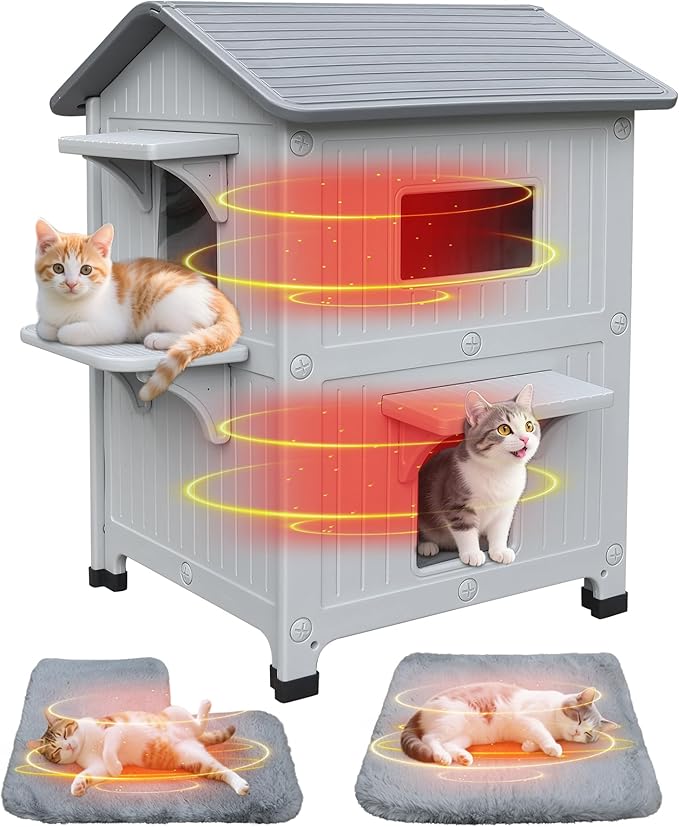 Waterproof Cat House for Outdoor Cats, Plastic 2 Story Insulated Outdoor Cat House with Soft Mat & Escape Door, Sturdy Cat Houses for Outdoor Cats, Easy to Clean-Grey