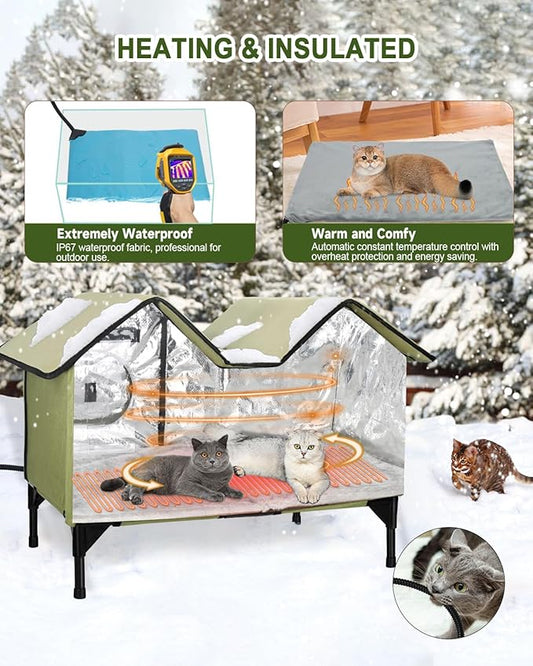 Extra Wide Large Heated Cat House for Outside, Elevated Waterproof Outdoor Cat House Weatherproof for Winter, Insulated Outdoor Cat Shelter with Escape Doors and Heating Pad for Multiple Cats, Green