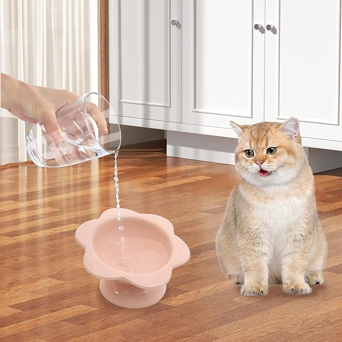 2 Pcs Ceramic Raised Cat Bowls - Flower Design, 7 oz Tilted Elevated Cat Food & Water Bowl for Anti Vomiting & Spine Protection