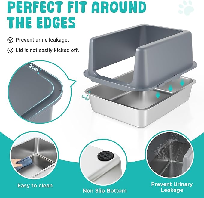 Litter Box with Lid, Stainless Steel Litter Box, 10" Metal Litter Tray High Sides, Small Litter Pan for Kittens, Enclosed Cat Litter Pan, Non-Sticky Covered Grey, Easy Clean