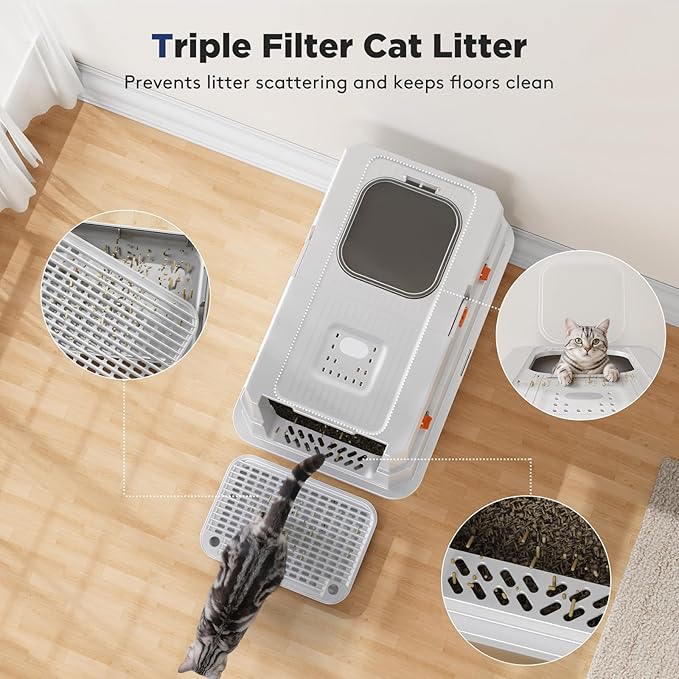 FURTIME Stainless Steel Litter Box with Lid, XL Extra Large Enclosed Cat Litter Box for Big Cats, Metal Cat Box with High Sided Enclosure & Scoop, Front & Top Entry, Odor Free, Anti-Leakage, Silver