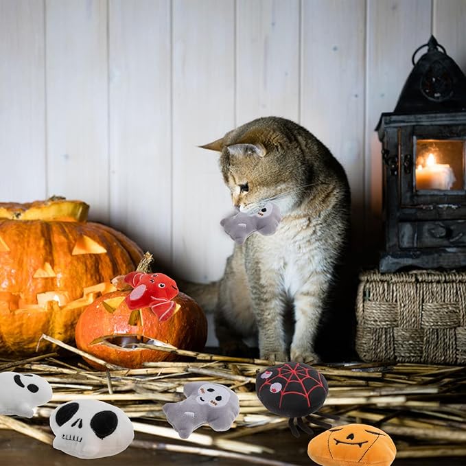 6pcs Halloween Catnip Toy,Indoor Pumpkin Ghost Shaped Cat Toy Plush Interactive Chew Bite Toys for Cat Kitten Indoor Festive Holiday Cat Lover Gift