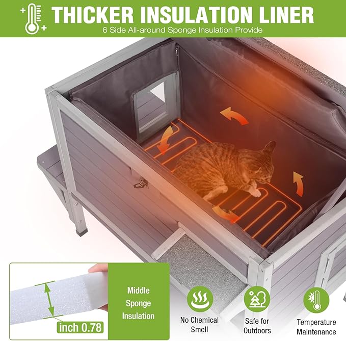 GUTINNEEN Heated Cat House Outdoor Cat House Insulated Weatherproof Feral Cat Shelter with Heated Pad and All-Round Thermal Liner for 1-3 Cats (Winter-Ready)