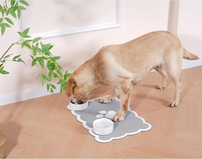 Ralxion Scalloped Dog Feeding Mat, Absorbent Mats for Dog Food and Water Bowl, Dispenser, Cute Elegant Aesthetic Preppy Grey Scallop Pet Placemat for Dogs, Cats, Puppy Accessories, 14" X 19”