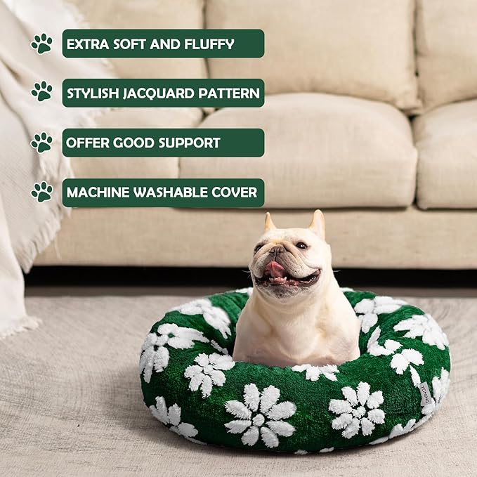 Donut Dog Beds for Small Dogs, Calming Round Cat Beds for Indoor Cats, Cute 3D Textured Flower Pet Bed with Removable Washable Cover and Anti-Slip Bottom(Green,23")