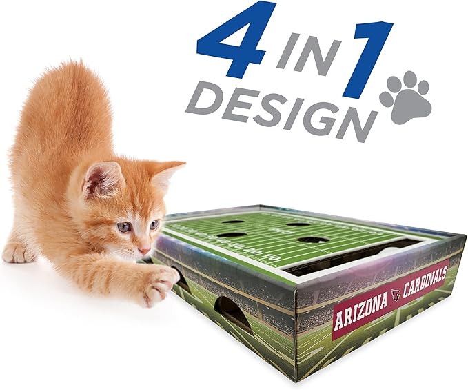 NFL Arizona Cardinals Football Stadium Cat Scratcher Find & Play Box With 2 Jingle Bell Balls - Game Day Toy, Field Felt Scratcher, Play and Lounge Stimulating Game