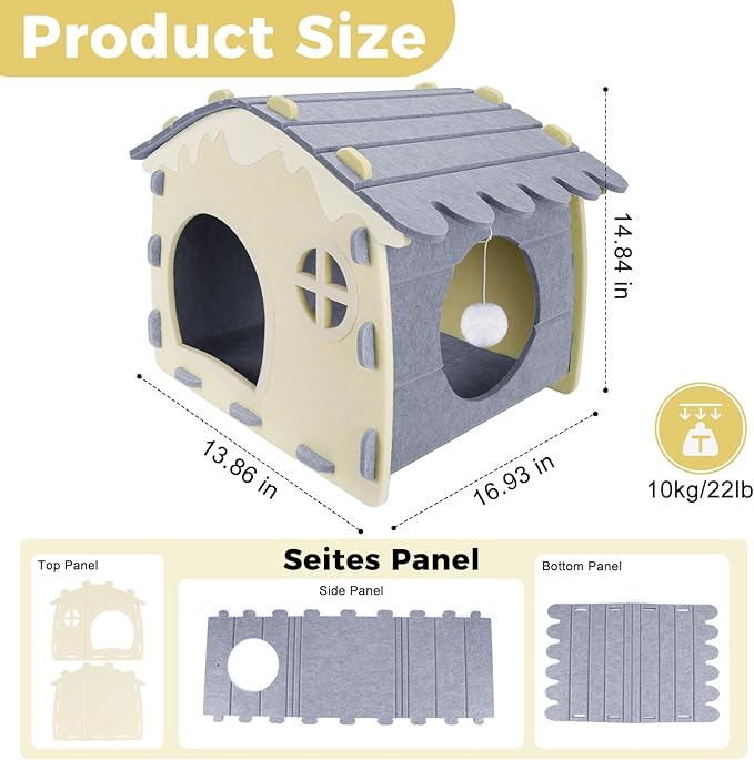 Babepets Cat House for Indoor Cats, Medium Felt Bed Cave with Ball Hanging, Foldable Detachable Cats Condo, Scratch Resistant Hideaway for Multiple Pets up to 20Lbs, House Type Cat Playhouse, Grey