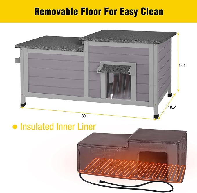 Aivituvin Heated Cat House for Outside with Insulated Liner in Winter, Weatherproof Outdoor Cat House with Anti-Bite Cable, Wooden Kitten Condo for 1-4 Cats