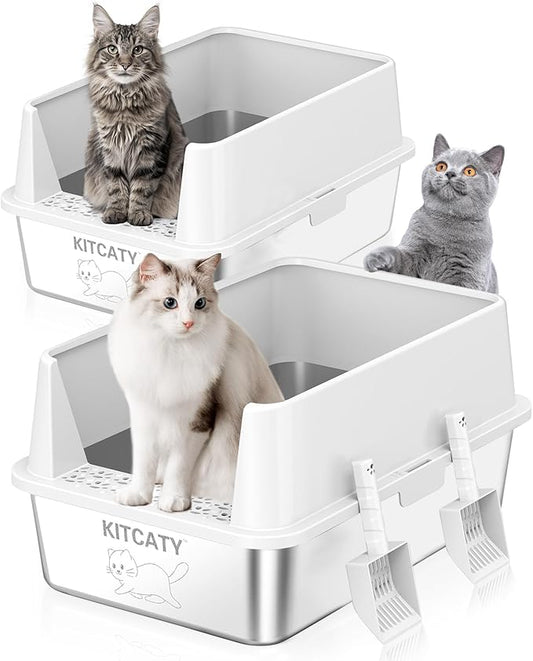 2PACK Stainless Steel Litter Box, Metal Litter Boxes with Lid High Sides, XL Extra Large Litter Box for Big Cats, Never Absorbs Odors, Leak-Proof, Stain-Free, Easy to Clean, Scoop Included(White)