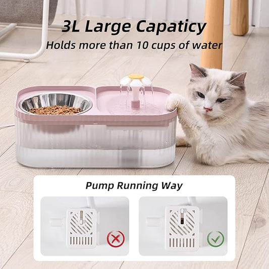 Cat Water Fountain and Food Bowl, 3L/101oz Ultra Quiet Pet Water Dispenser with Smart Pump and 3 Replacement Filters, Automatic Flower Fountain & Stainless Steel Bowl for Dog & Cat (Pink)
