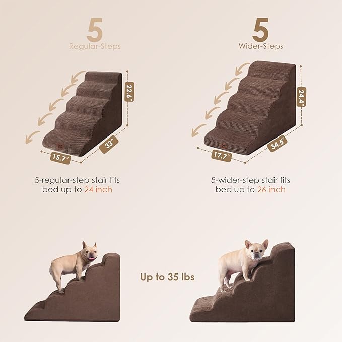 EHEYCIGA Curved Dog Stairs Ramp for High Beds, 5-Step Extra Wide Dog Steps for Small Dogs and Cats, Pet Stairs for High Bed Climbing, Non-Slip Balanced Pet Step Indoor, Brown
