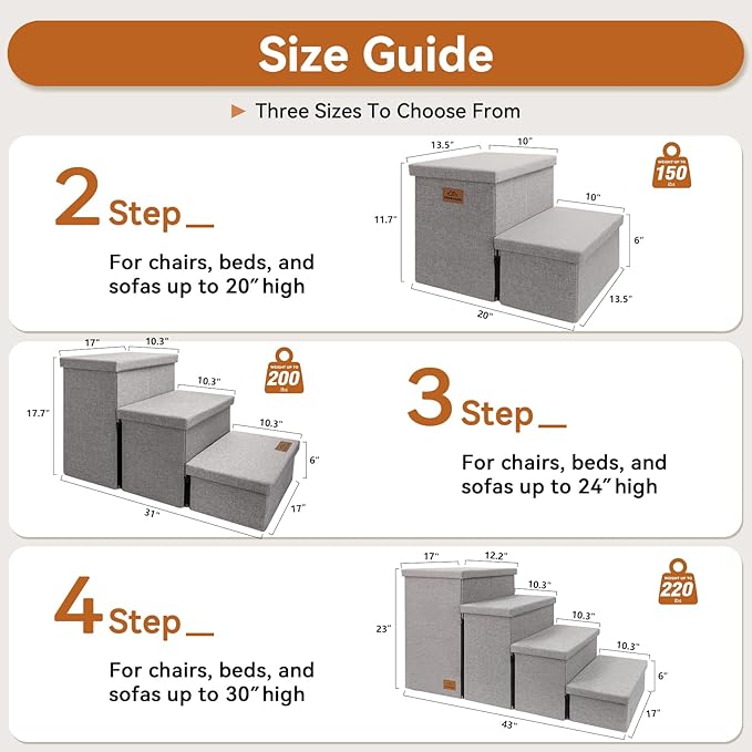 Wider Dog Stairs with Storage 18" H, 3-Step Sturdy Dog Steps for Large/Medium/Small Older Dogs Cats, Folding Pet Stairs Climbing Bed or Couch, Ramp for Car Up to 200 lbs (Gray, No Condo)