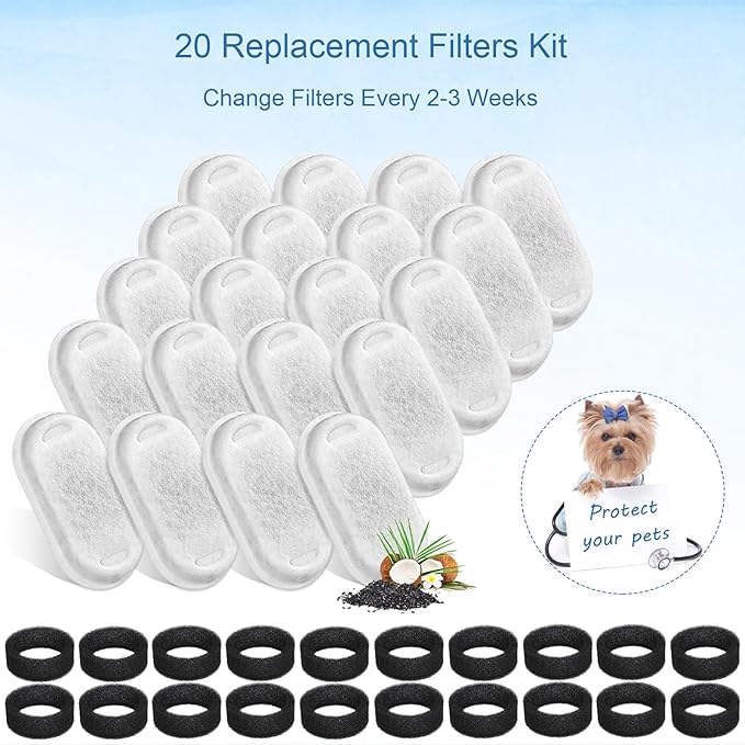 SORON Cat Water Fountain Filters for 67oz/2L and 108/3.2L Stainless Steel Pet Fountain Replacement Filters, 20 Dog Water Bowl Dispenser Filter Replacement with 20 Sponges, Easy to Install and Clean