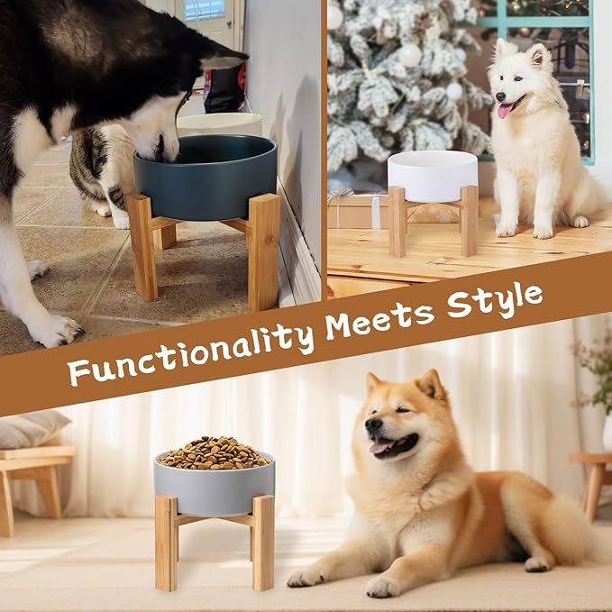 Elevated Ceramic Large Dog Bowl - Raised Dog Dish with Bamboo Stand - Heavy Weighted, No Tip Over, Comfortable Eating - 8.4" Diameter - 4.5 Cups - 68 fl oz - Grey