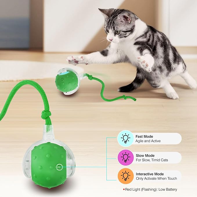 Electric Interactive Cat Toy Ball - Automatic Rolling Silicone Cat Toys for Indoor Cats, Durable Chew-Proof Motorized Kitty Ball with LED Light, Fun Exercise Toys for Bored Kittens(Green)