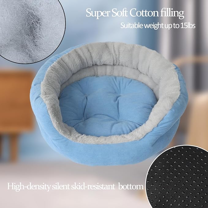 Dog Bed for Small Dogs Round Bed,Kitty Cat Beds for Indoor Cats Washable Cushion Beds Pet Sleeping Kitten Beds Extra Cozy Dog Cuddler Bed for Anxiety Puppy Calming Bed Resistant Bottom,Blue,19 inch