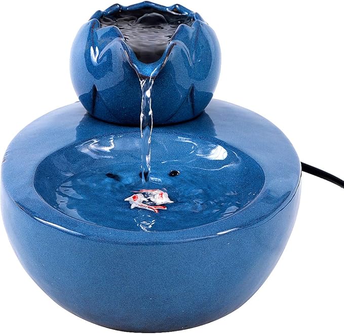 Ceramic Cat Drinking Water Fountain, 1.3 Liters Pet Water Fountains for Cats and Dogs, Electric Pet Water Dispenser with Quiet Pump and 5 Replacement Filters - Blue Lotus Style