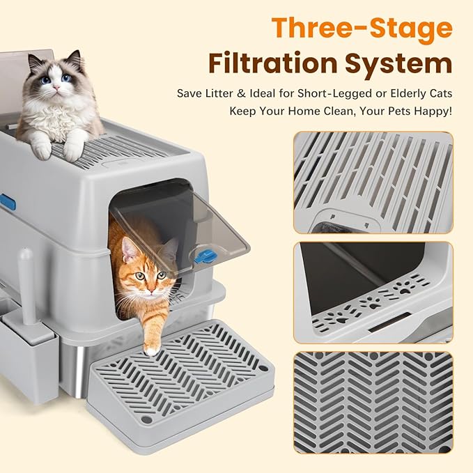 Nobleza Stainless Steel Cat Litter Box Extra Large Open-Top Enclosed Design Metal Litter Pan, Indoor Litter Tray, Non Stick, No Smell, Easy to Clean, Pet Toilet Supplies for Kitten, Kitty, Rabbit