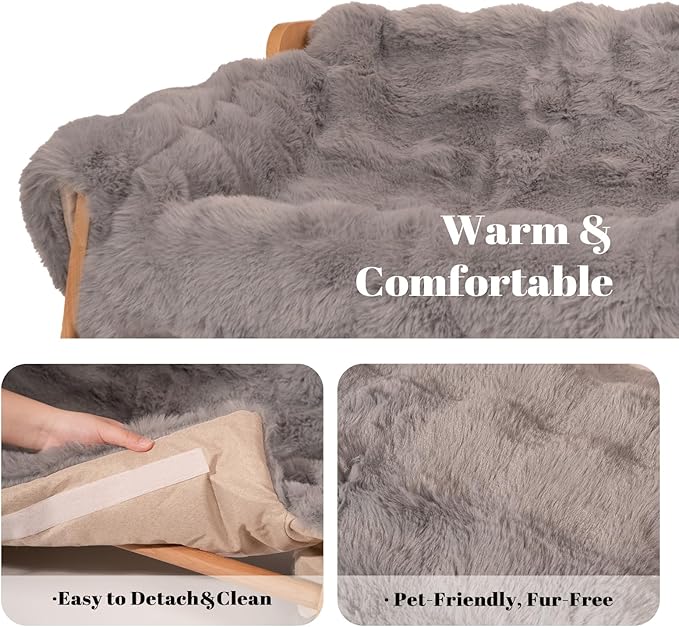 Elevated Cat Couch Bed for Indoor, Wooden Cats Sofa with Washable Fluffy Cover Raised Kitty Lounge Chair Suitable for Puppy(Cat Sofa Grey)