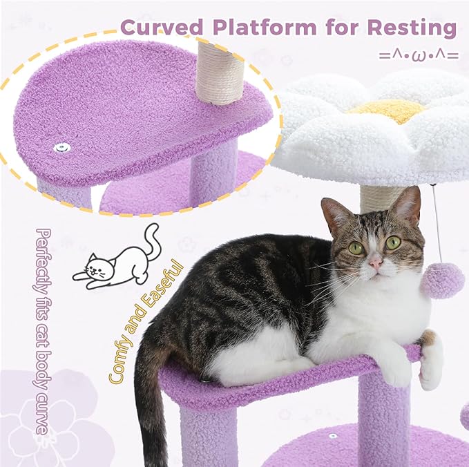 PAWZ Road Cat Tree,32 Inches Purple Flower Cat Tower with Sisal Covered Scratching Post, Cozy Condo, Plush Perches and Fluffy Balls for Indoor Cats