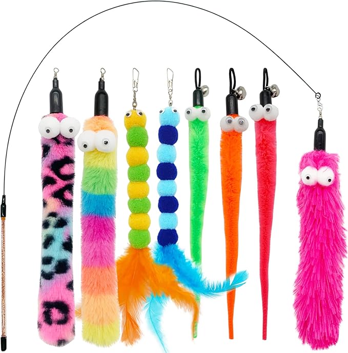 Cat Feather Toys, 1 Elasticity Cat Toy Wand and 8 Pieces Feathers Worms Refill, Interactive Teaser Cat Wand Toy for Indoor Cats Play Exercise